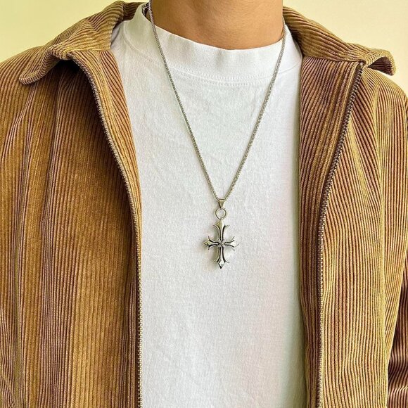 y2k style heavy metal punk silver gothic emo cross pendant chain necklace - Picture 6 of 7